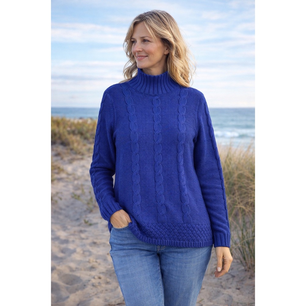 Hannah Royal‎ Sweater Blue Cable Knit Turtleneck  L Cotton Blend Cozy